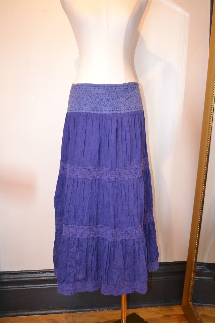 Whimsygoth Witchy Boho 100% Cotton Purple Tiered Lace Detail Maxi/Midi Skirt